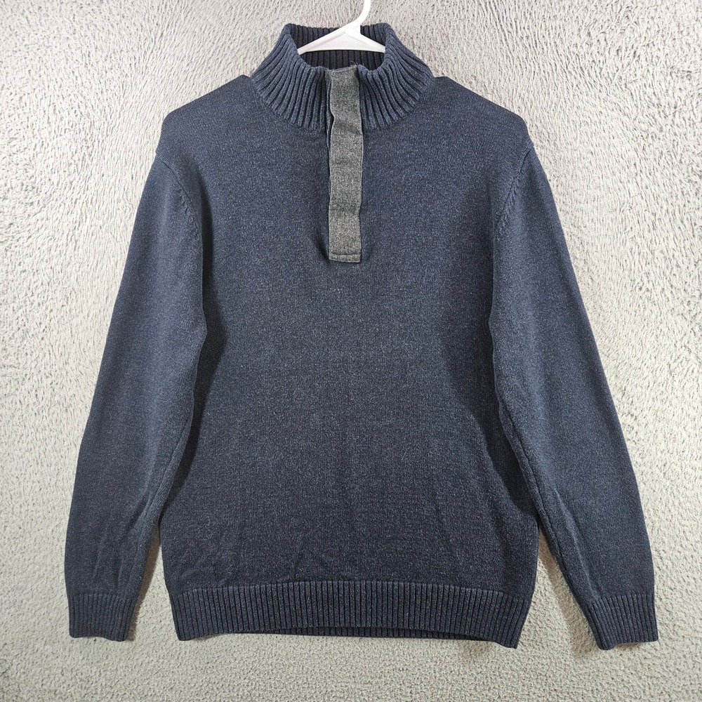 Refectory Mens‎ Mock Neck Button Placket Sweater Navy Blue Cotton Size Medium
